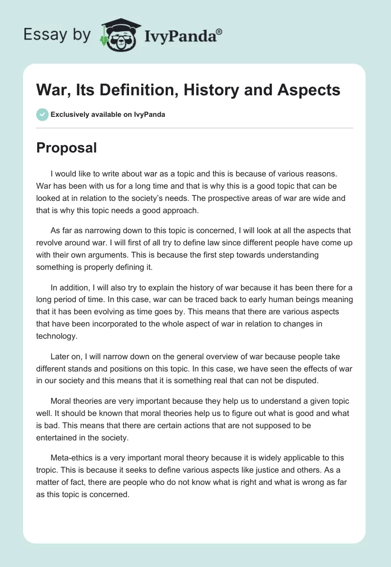 War, Its Definition, History and Aspects. Page 1