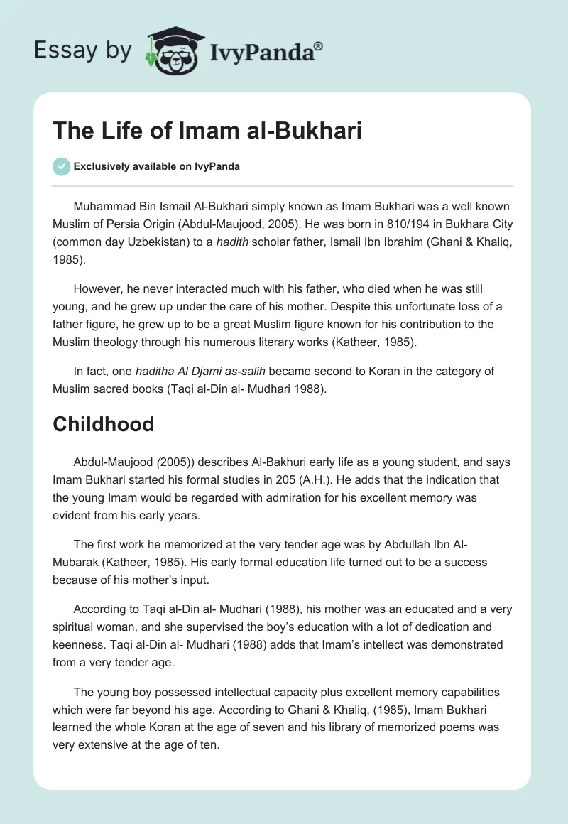 The Life of Imam al-Bukhari. Page 1