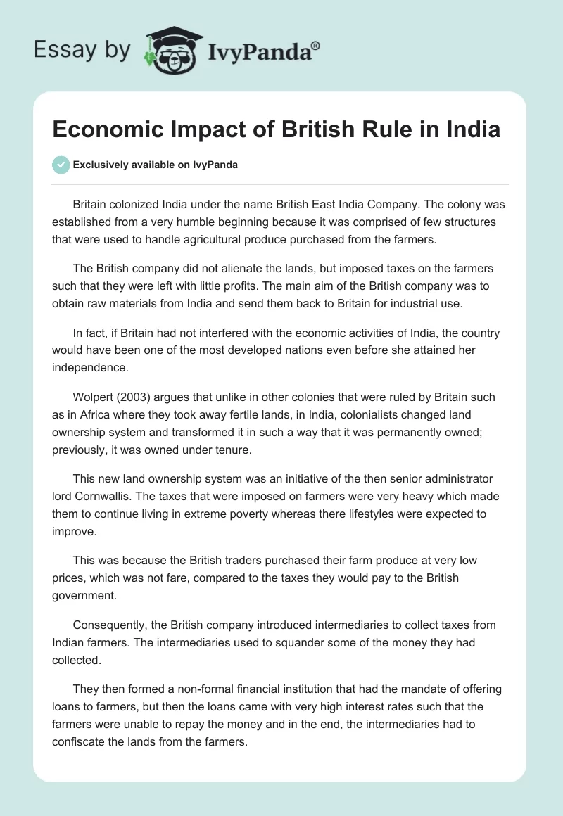 Economic Impact of British Rule in India. Page 1