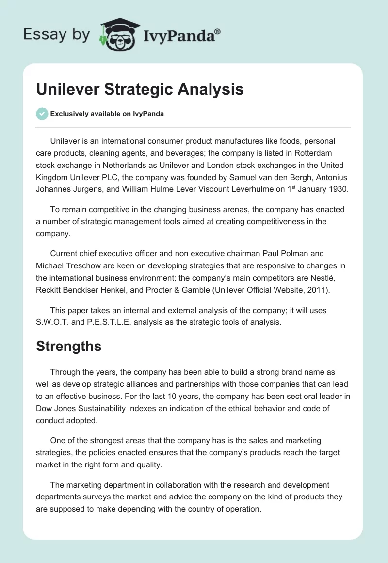 Unilever Strategic Analysis. Page 1