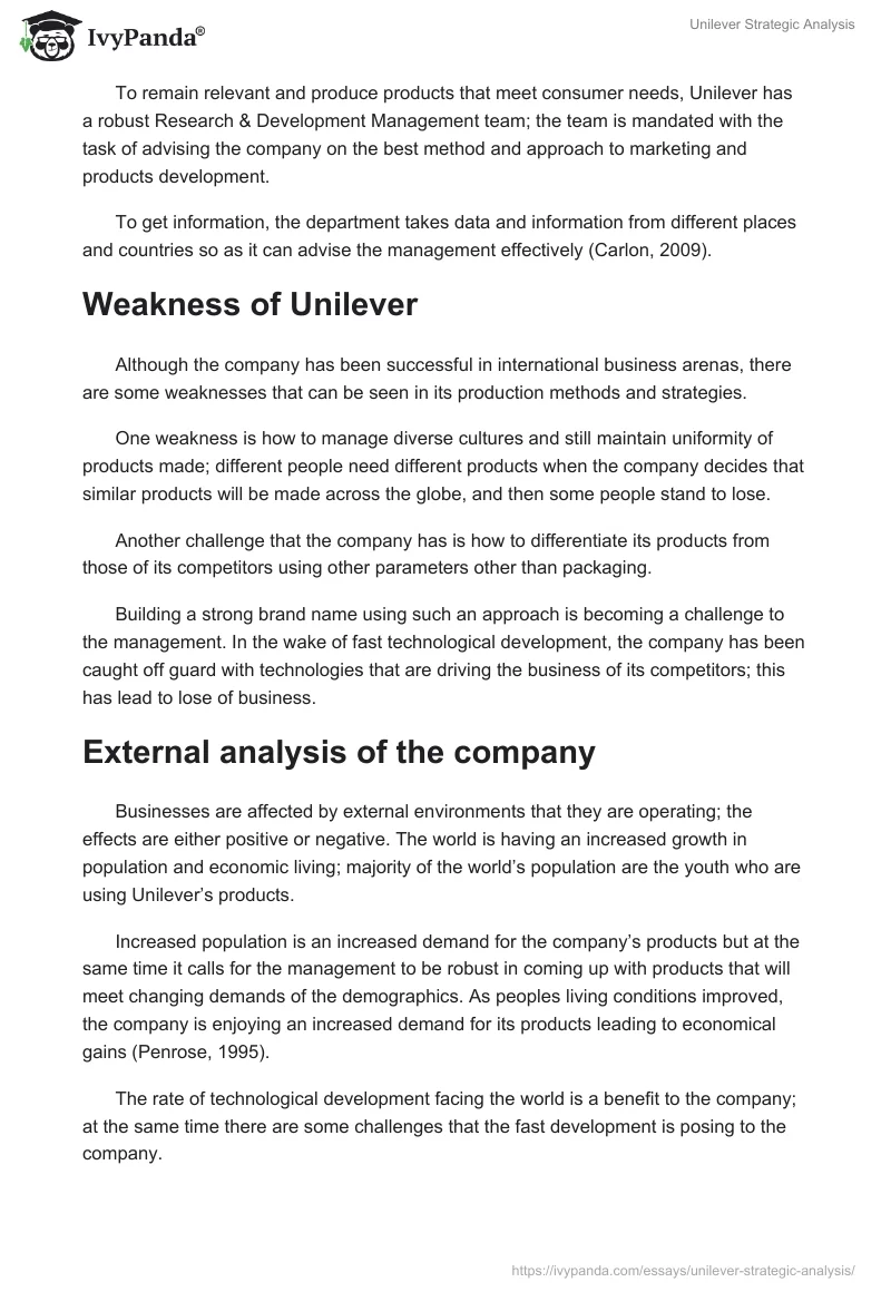 Unilever Strategic Analysis. Page 3