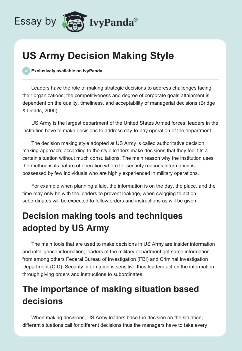 US Army Decision Making Style. Page 1