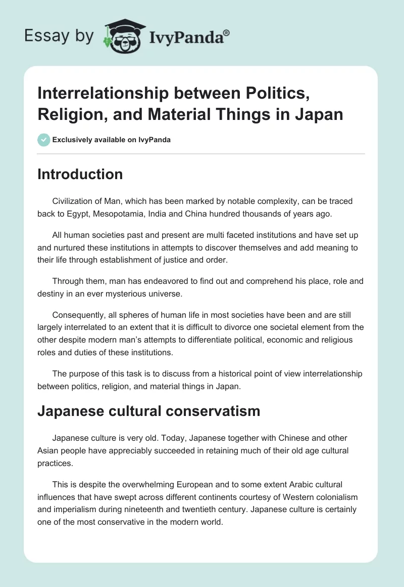 Interrelationship between Politics, Religion, and Material Things in Japan. Page 1