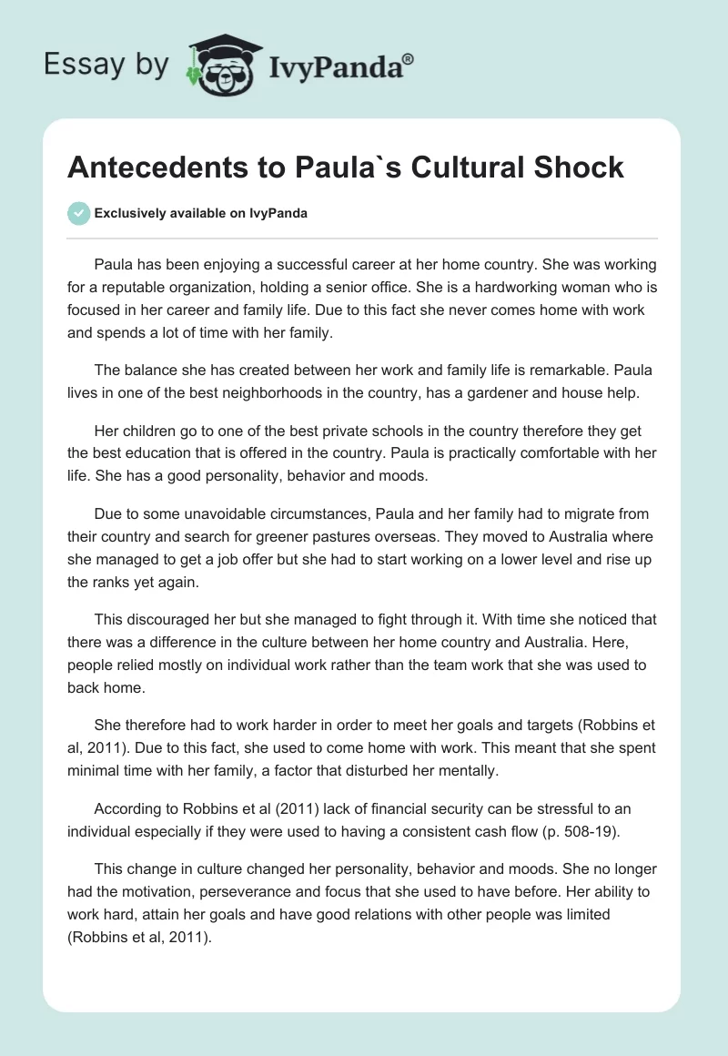 Antecedents to Paula`s Cultural Shock. Page 1