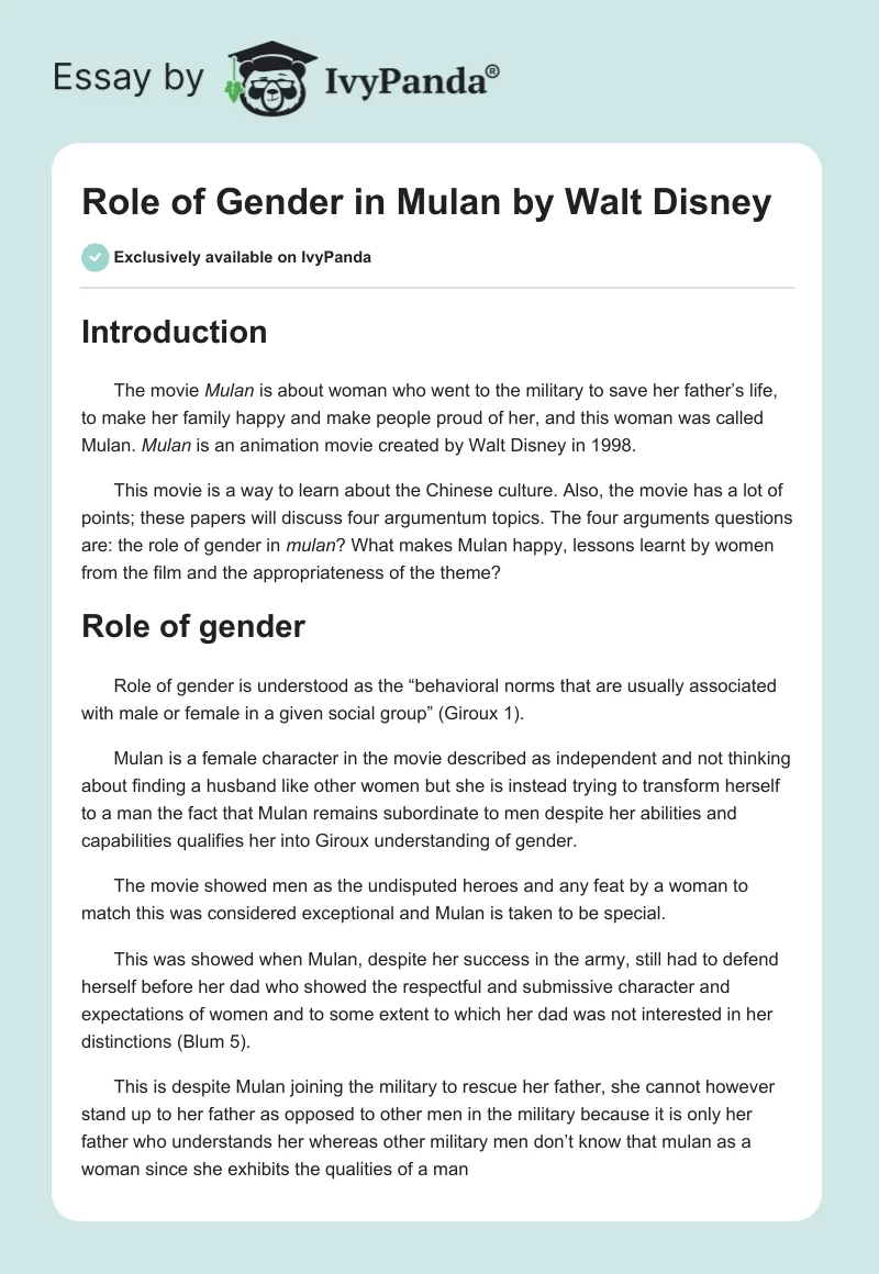 Role of Gender in "Mulan" by Walt Disney. Page 1