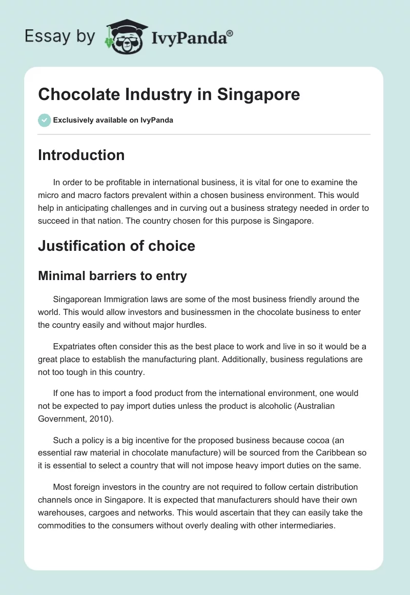 Chocolate Industry in Singapore. Page 1