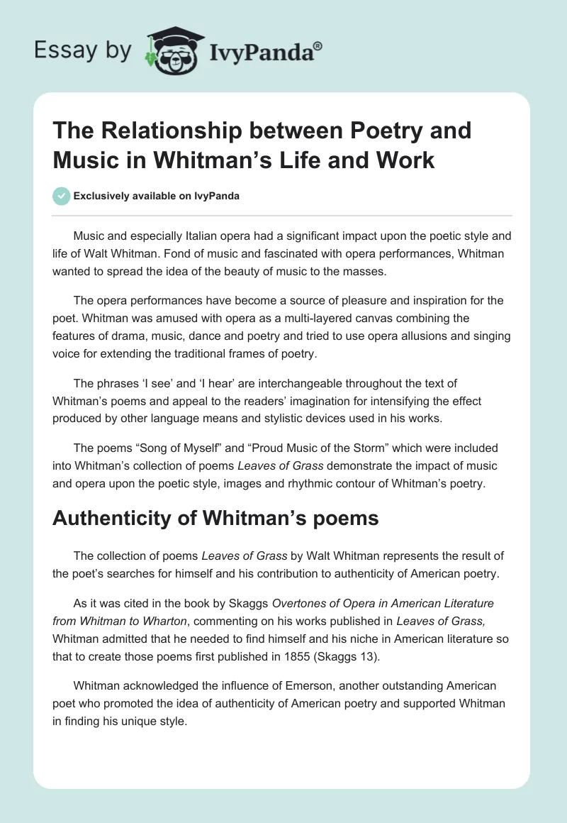 The Relationship Between Poetry and Music in Whitman’s Life and Work. Page 1