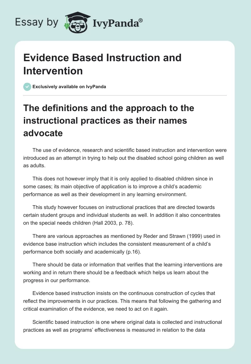 Evidence Based Instruction and Intervention. Page 1