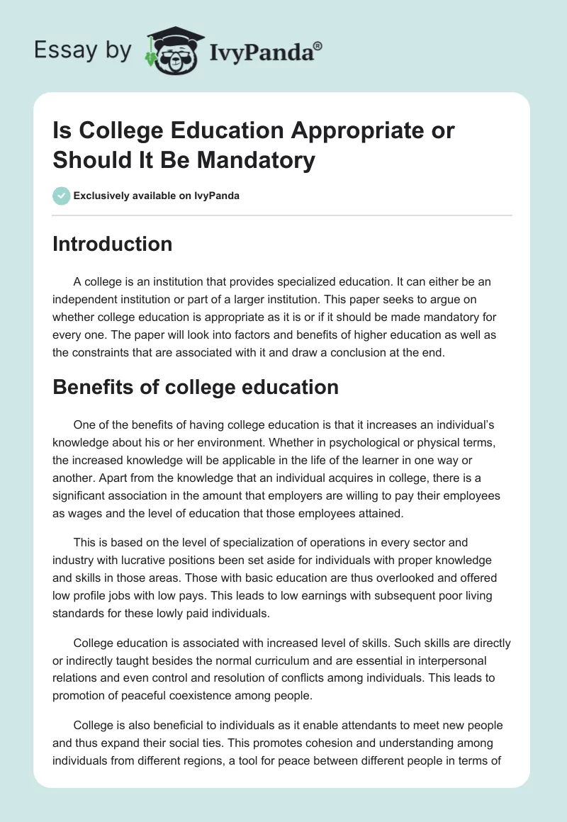 Is College Education Appropriate or Should It Be Mandatory. Page 1