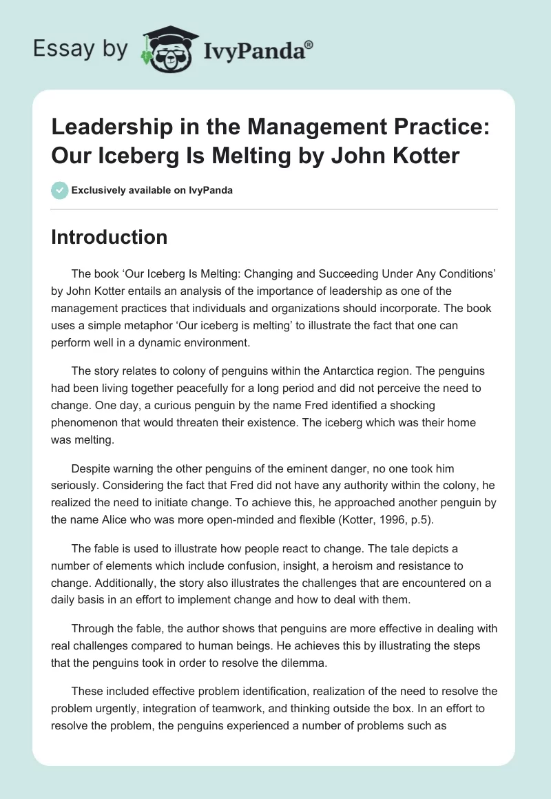 Leadership in the Management Practice: "Our Iceberg Is Melting" by John Kotter. Page 1