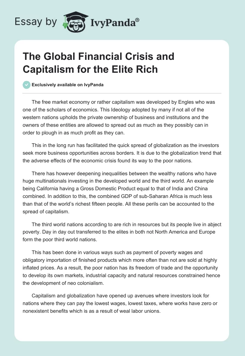 The Global Financial Crisis and Capitalism for the Elite Rich. Page 1