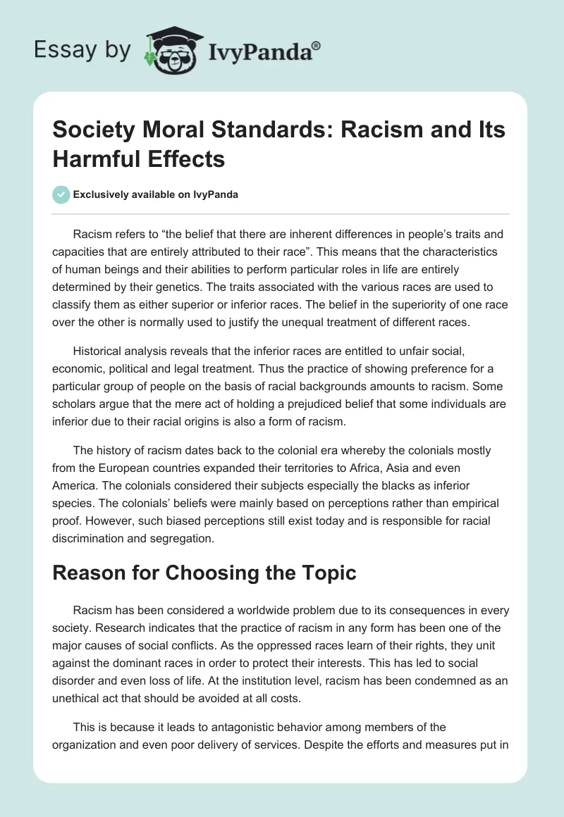 Society Moral Standards: Racism and Its Harmful Effects. Page 1