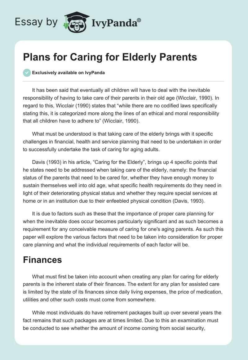Plans for Caring for Elderly Parents. Page 1