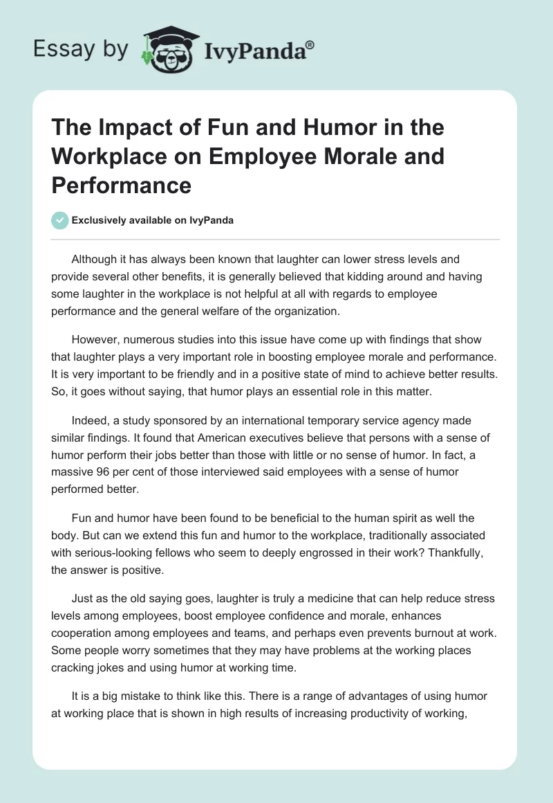 The Impact of Fun and Humor in the Workplace on Employee Morale and Performance. Page 1