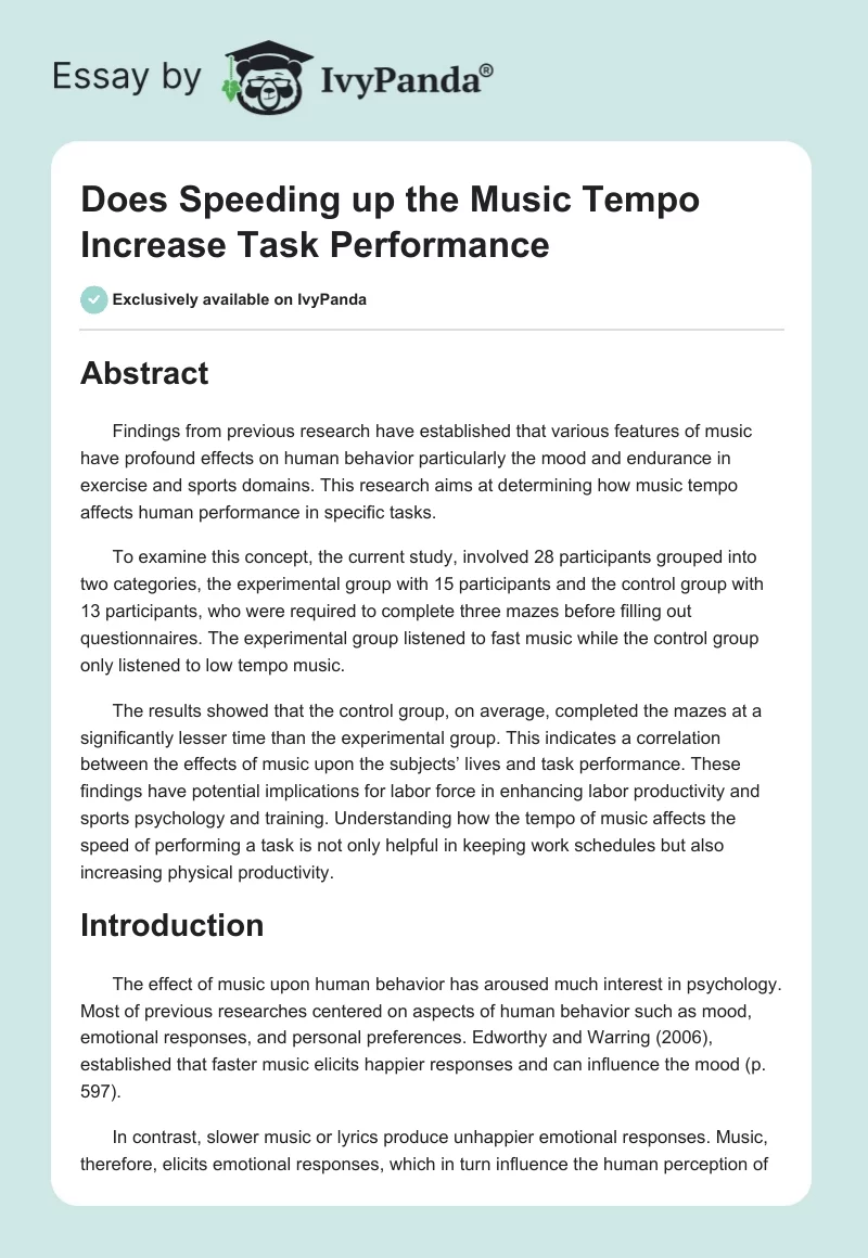 Does Speeding up the Music Tempo Increase Task Performance. Page 1