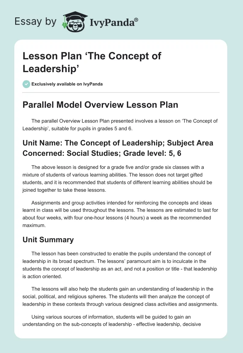 Lesson Plan ‘The Concept of Leadership’. Page 1