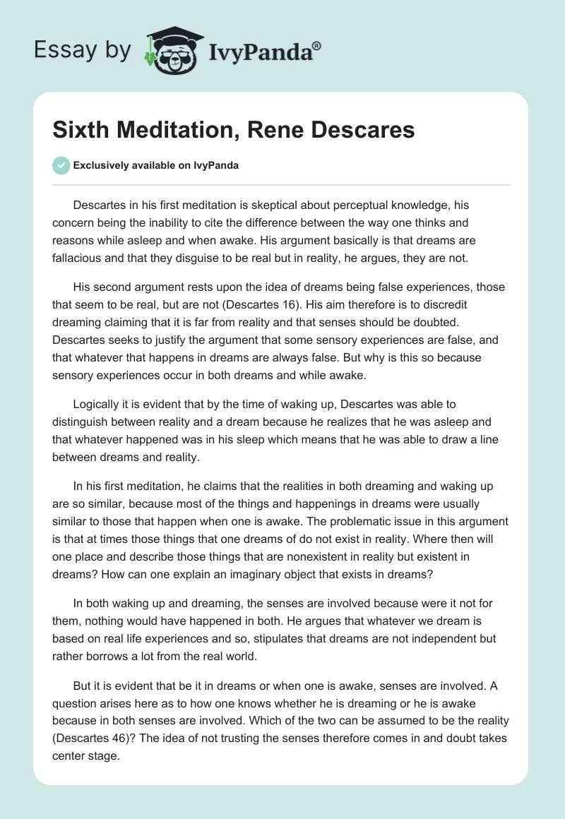 Sixth Meditation, Rene Descares. Page 1