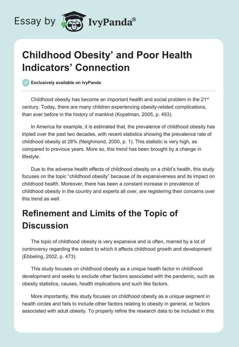 Childhood Obesity’ and Poor Health Indicators’ Connection. Page 1