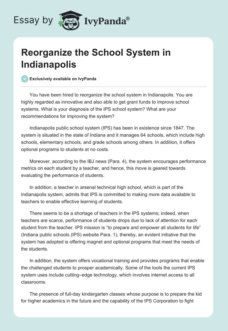 Reorganize the School System in Indianapolis. Page 1
