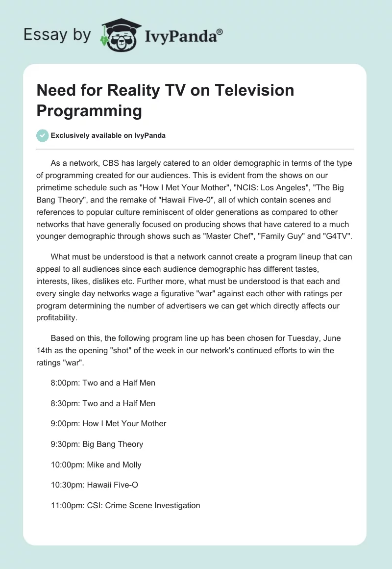 Need for Reality TV on Television Programming. Page 1