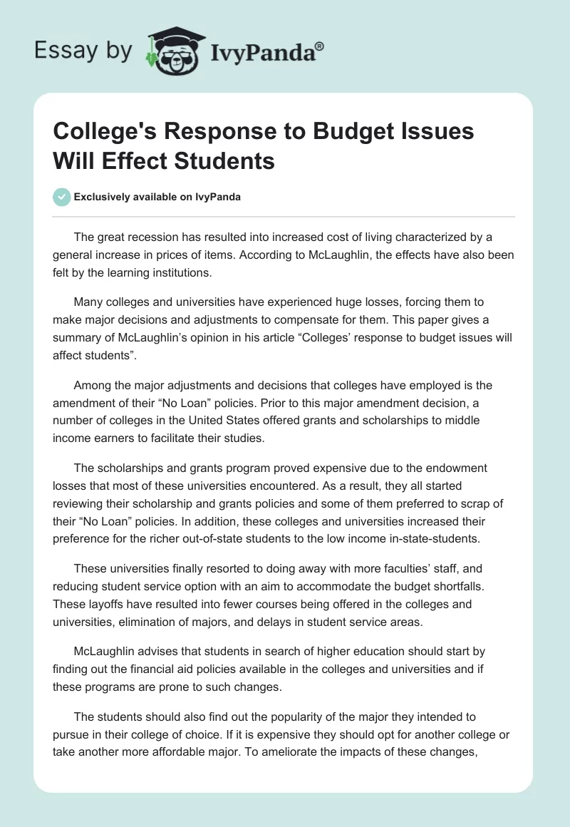 College's Response to Budget Issues Will Effect Students. Page 1