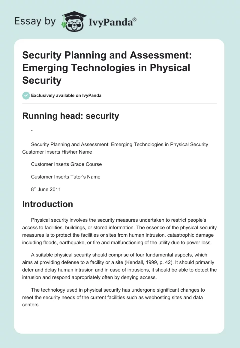 Security Planning and Assessment: Emerging Technologies in Physical Security. Page 1