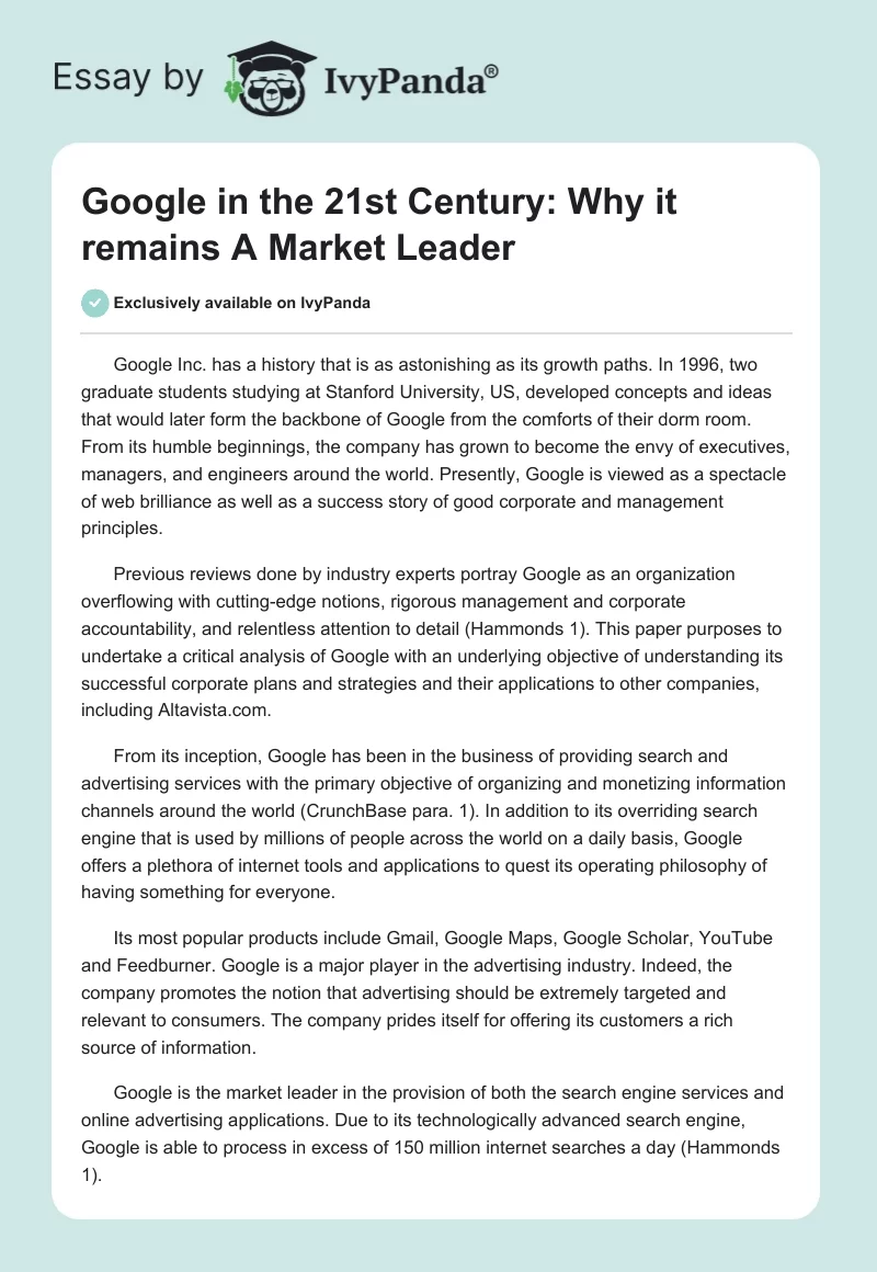 Google in the 21st Century: Why it remains A Market Leader. Page 1