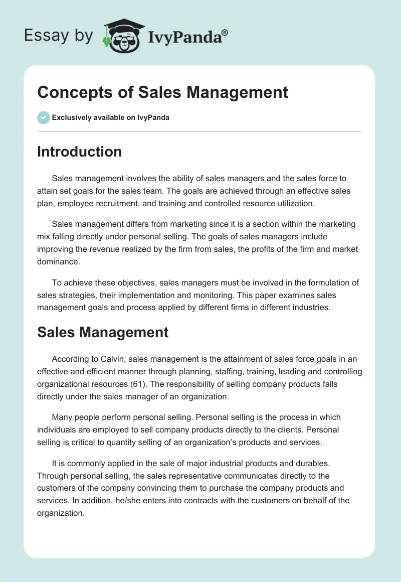 Concepts of Sales Management. Page 1