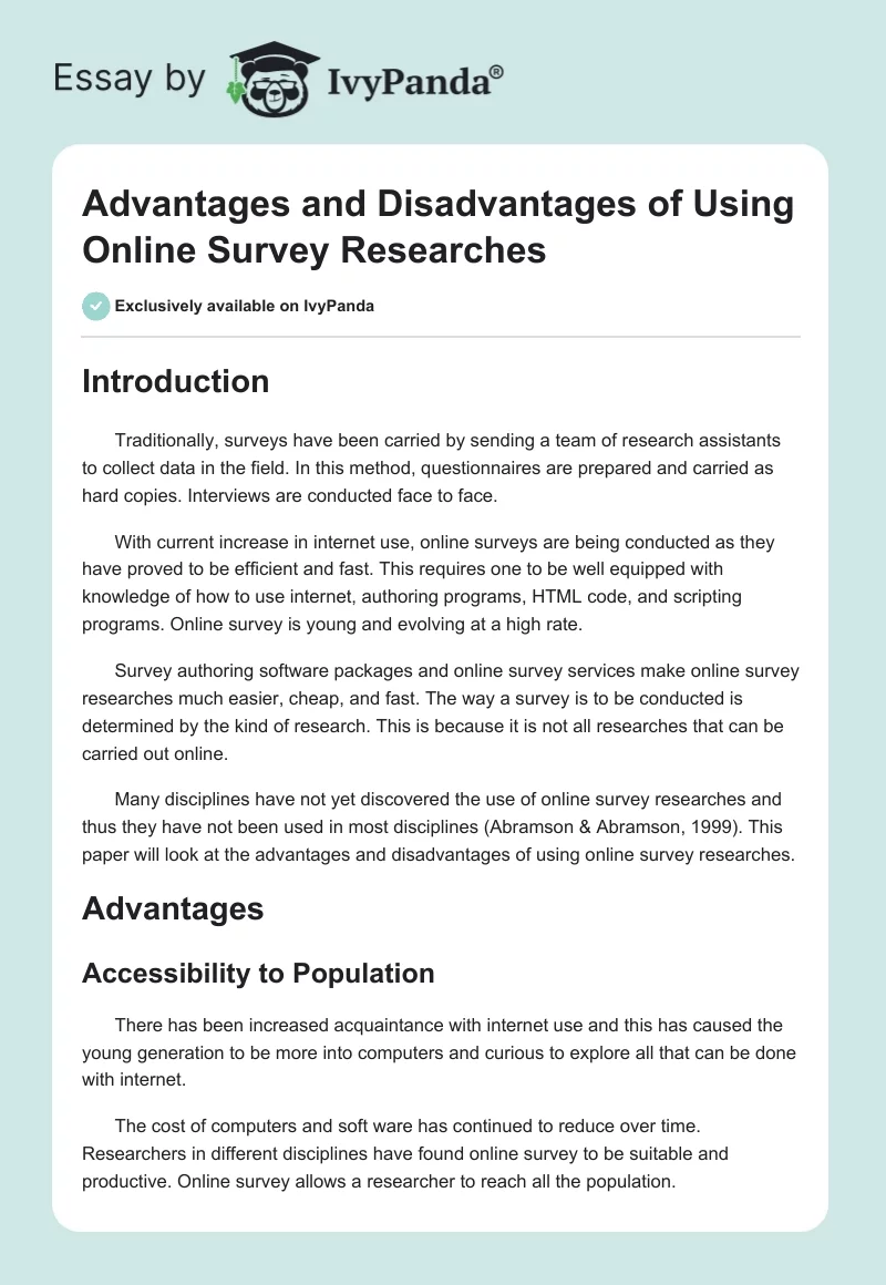 Advantages and Disadvantages of Using Online Survey Researches. Page 1