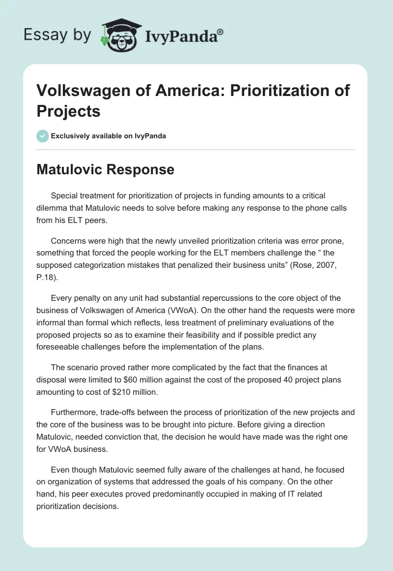 Volkswagen of America: Prioritization of Projects. Page 1