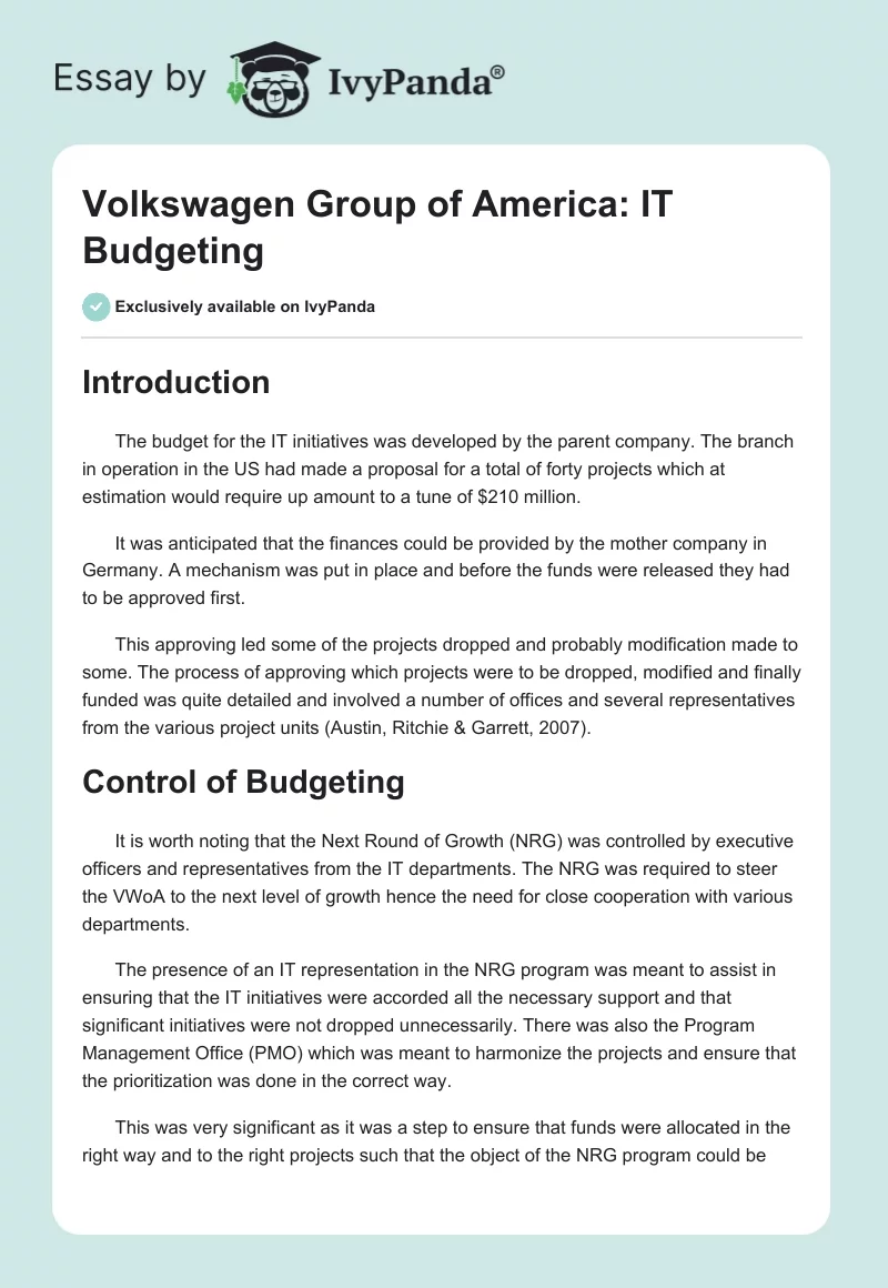 Volkswagen Group of America: IT Budgeting. Page 1