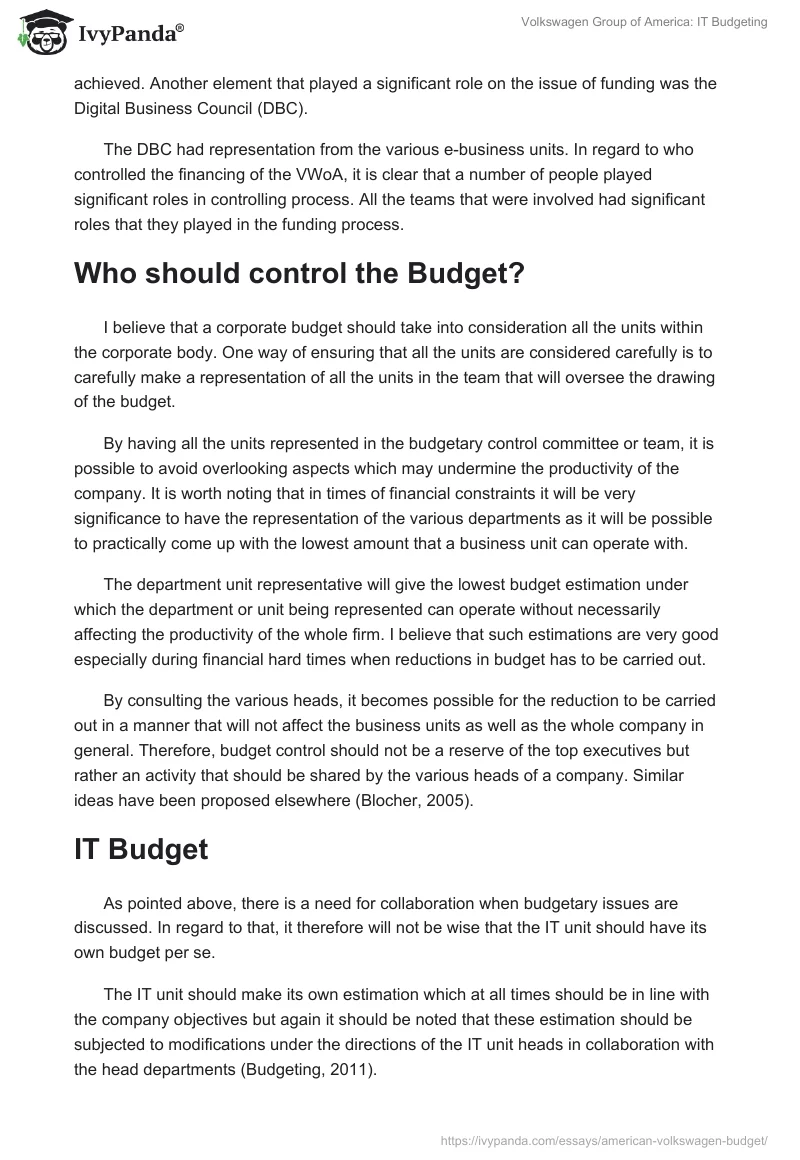 Volkswagen Group of America: IT Budgeting. Page 2