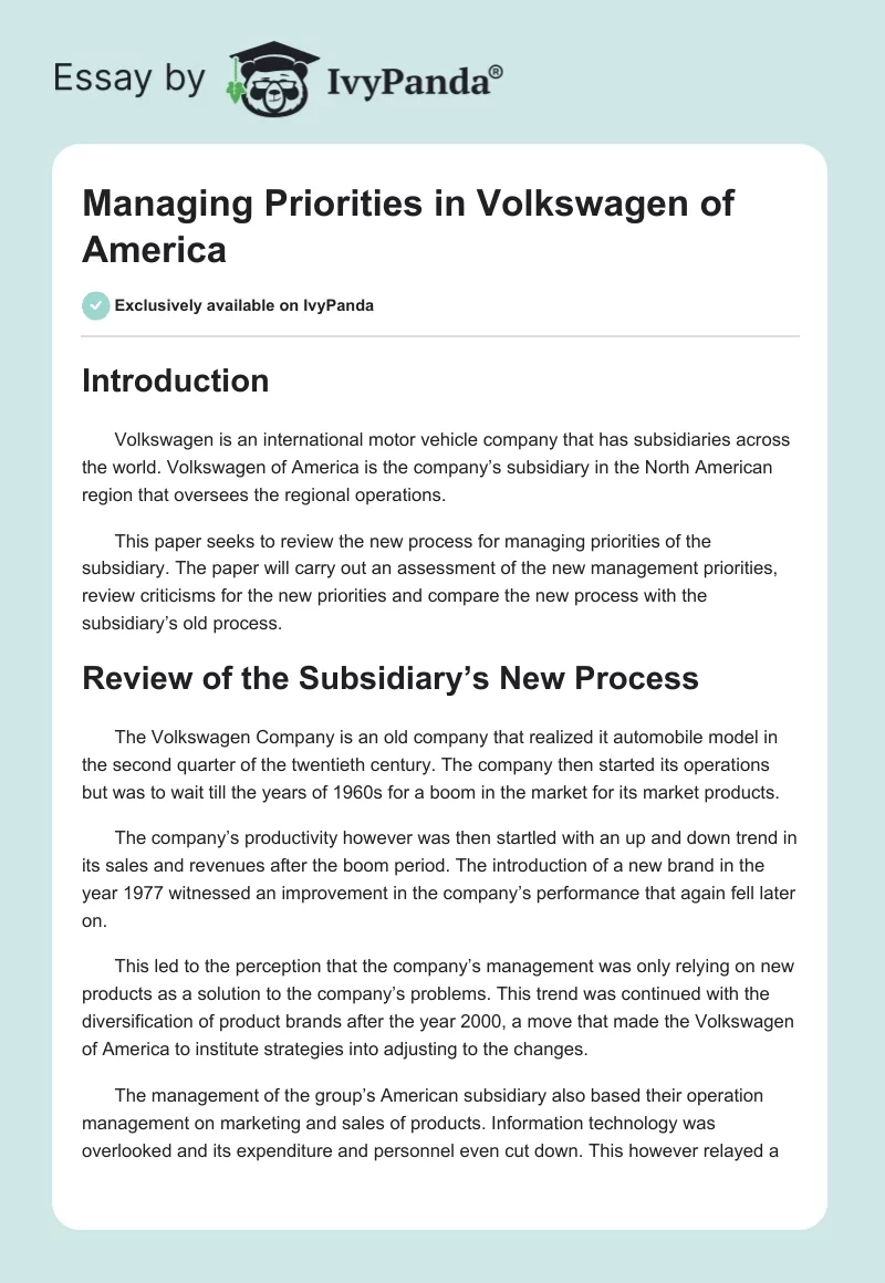 Managing Priorities in Volkswagen of America. Page 1