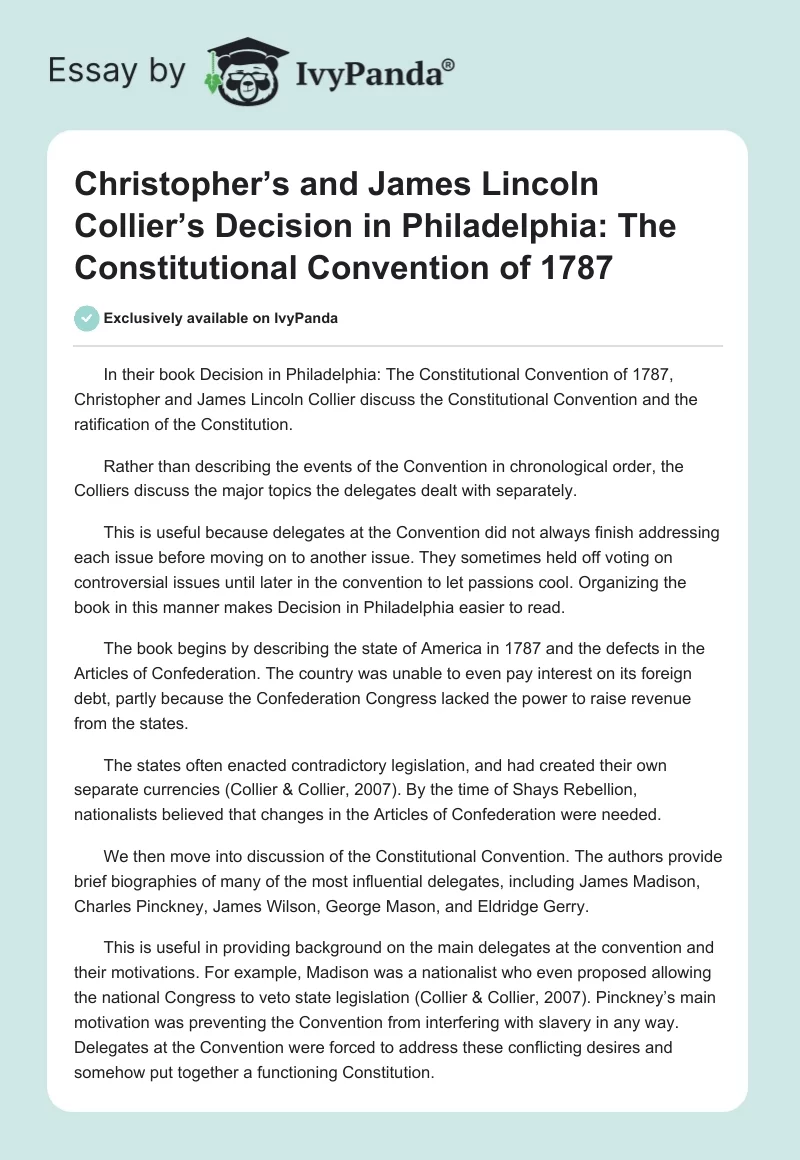 Christopher’s and James Lincoln Collier’s Decision in Philadelphia: The Constitutional Convention of 1787. Page 1