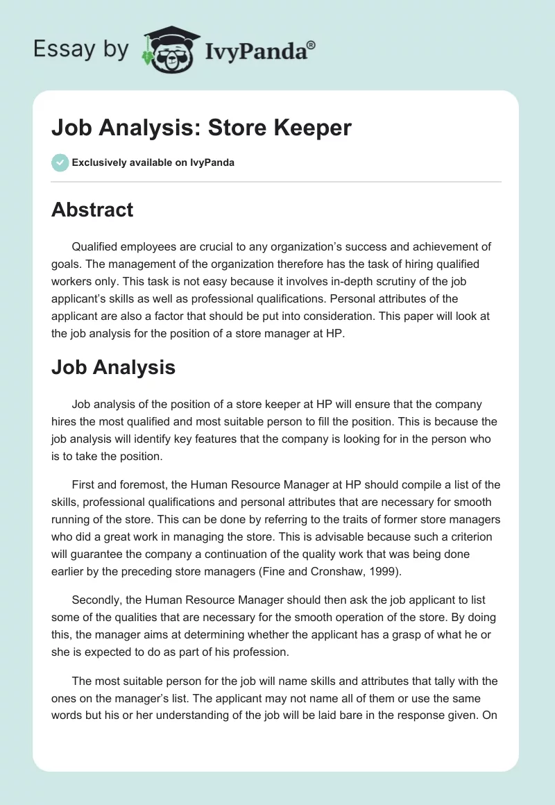 Job Analysis: Store Keeper. Page 1