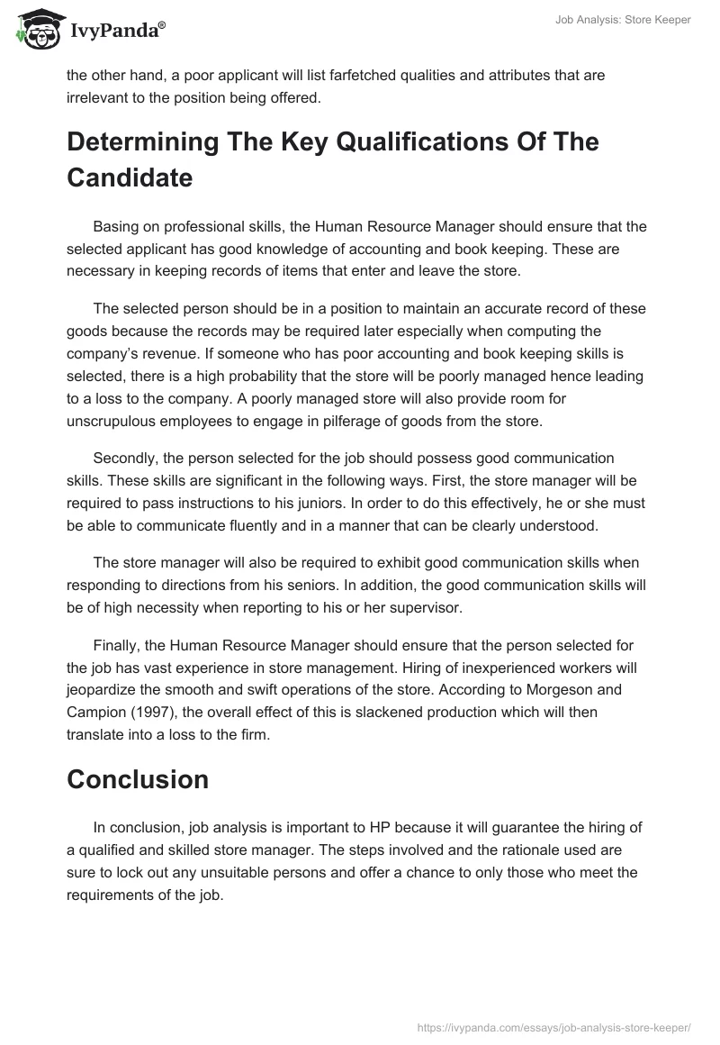 Job Analysis: Store Keeper. Page 2
