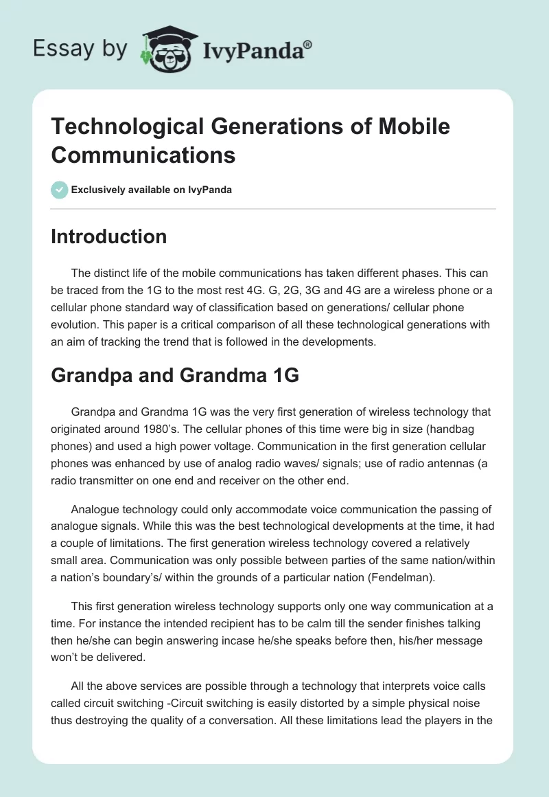 Technological Generations of Mobile Communications. Page 1