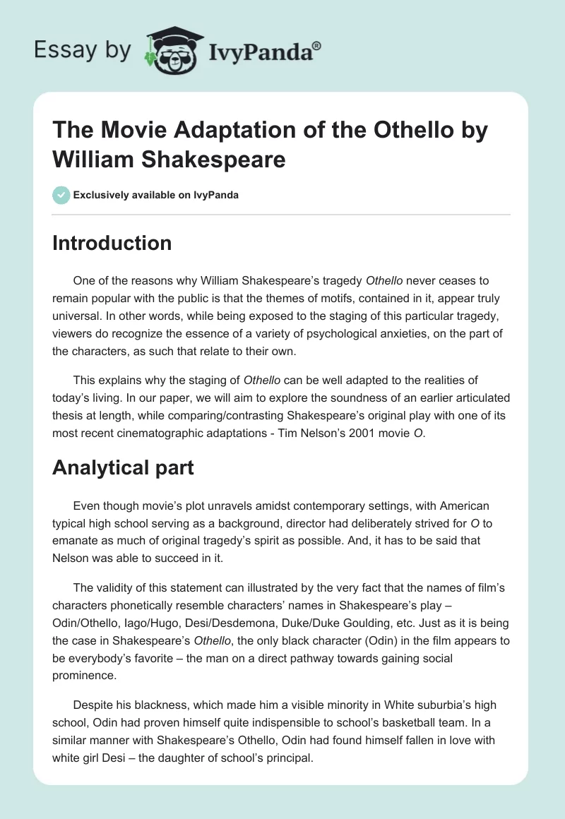 The Movie Adaptation of the "Othello" by William Shakespeare. Page 1
