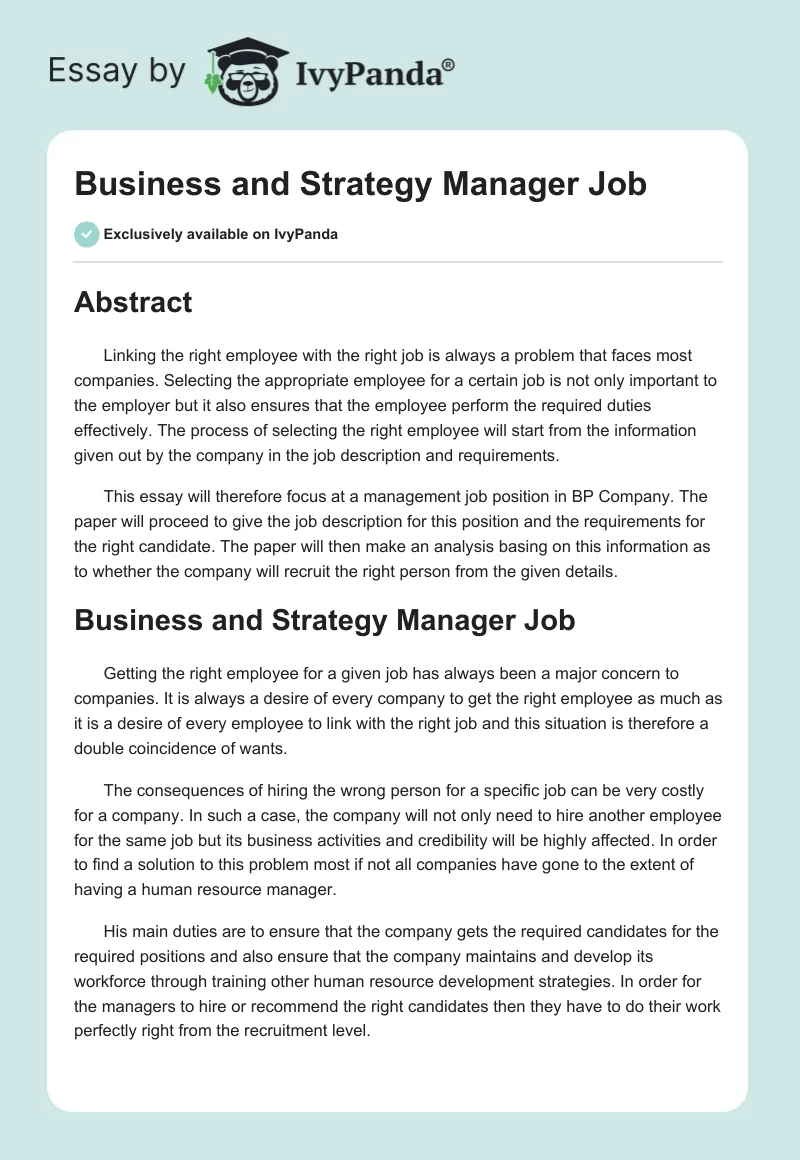 Business and Strategy Manager Job. Page 1