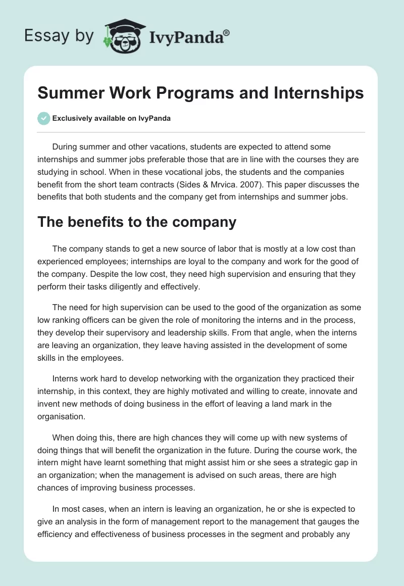 Summer Work Programs and Internships. Page 1