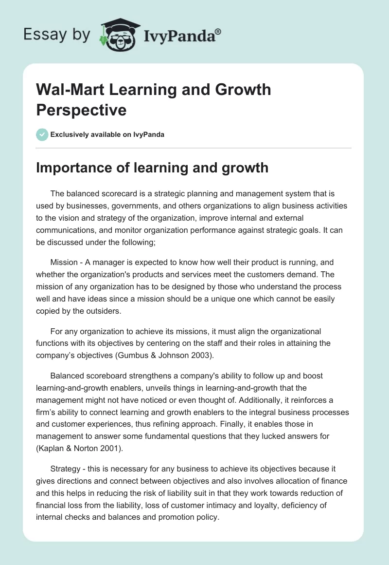 Wal-Mart Learning and Growth Perspective. Page 1