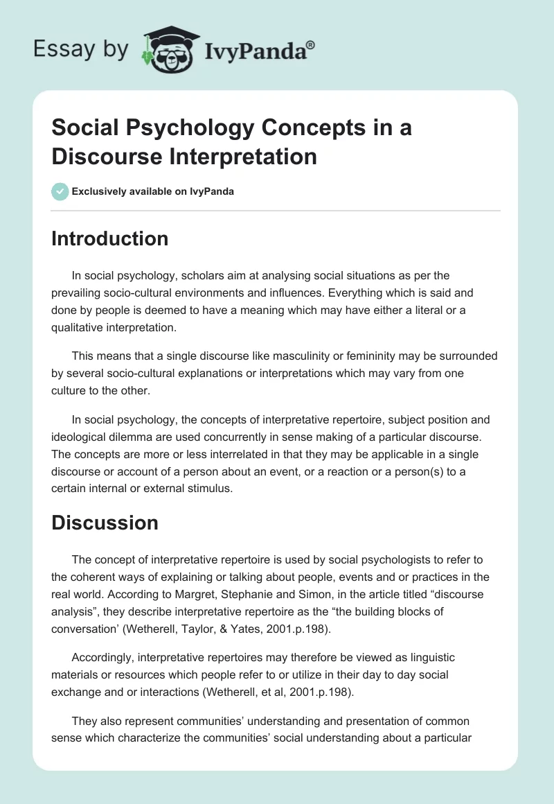 Social Psychology Concepts in a Discourse Interpretation. Page 1