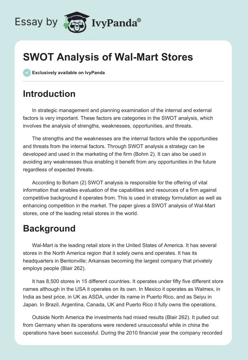 SWOT Analysis of Wal-Mart Stores. Page 1