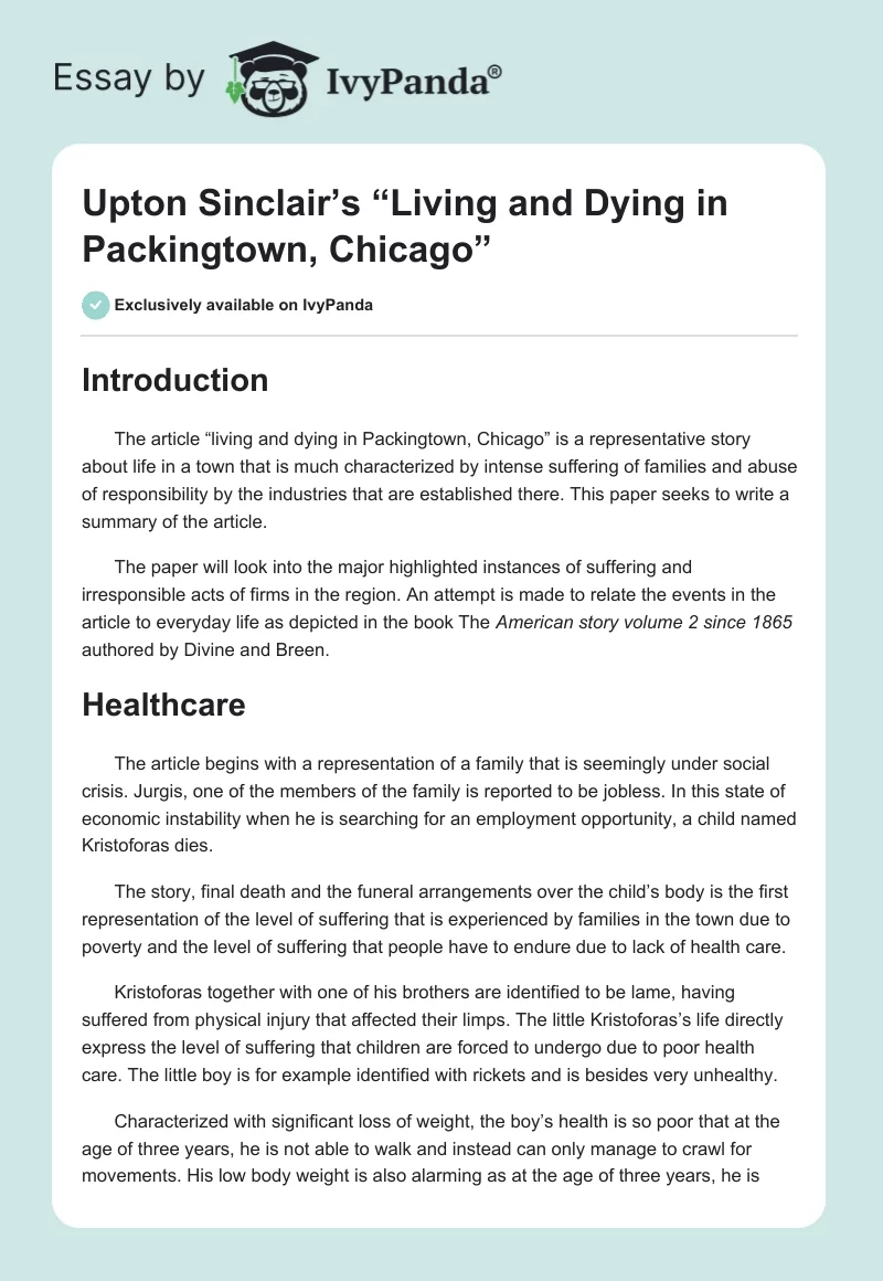 Upton Sinclair’s “Living and Dying in Packingtown, Chicago”. Page 1