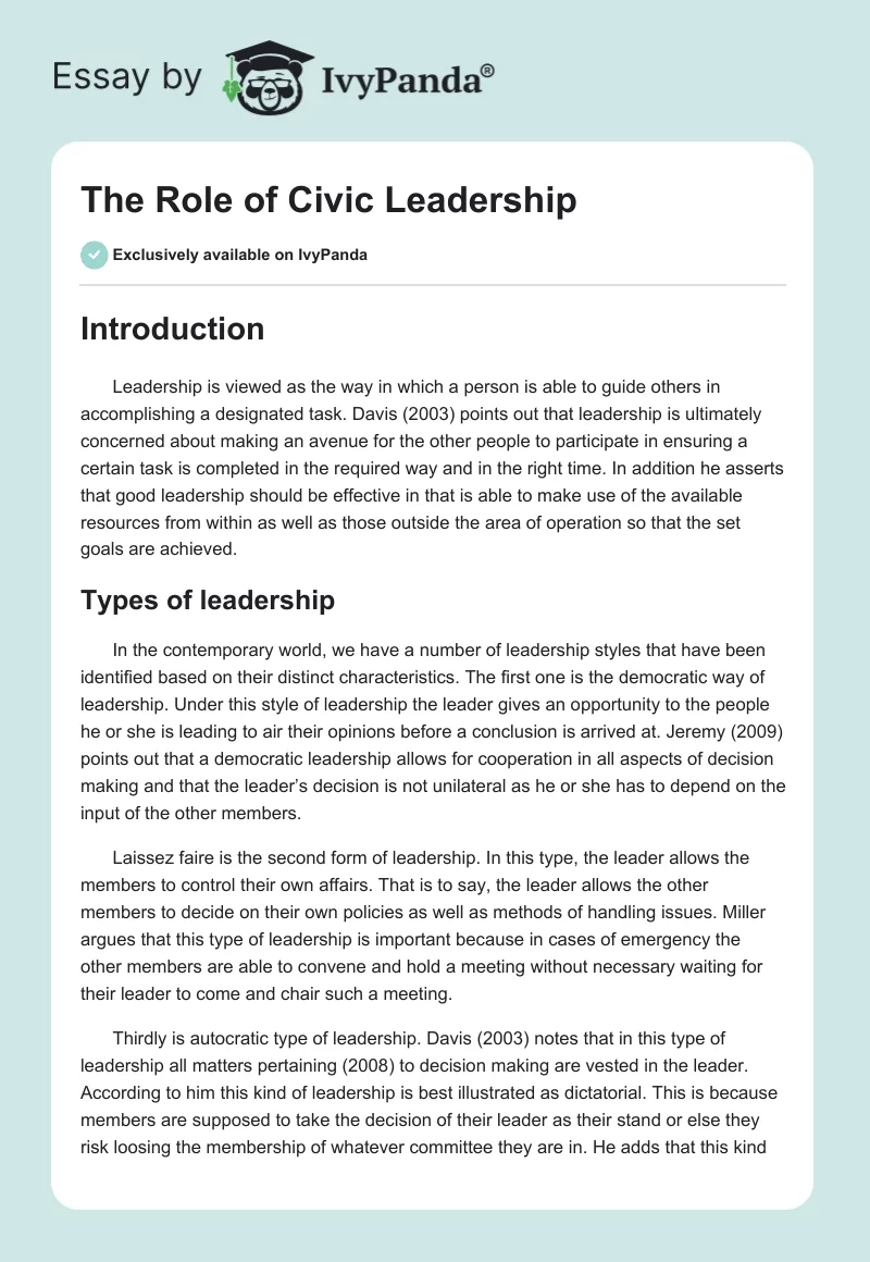 The Role of Civic Leadership. Page 1