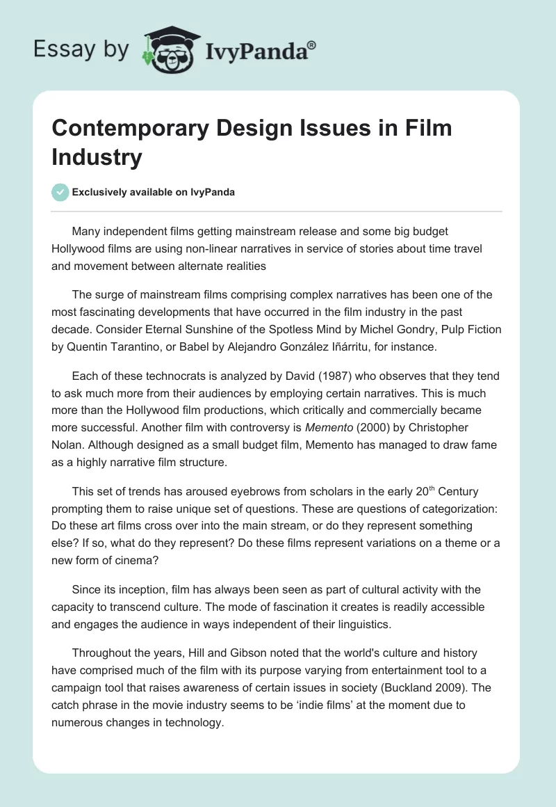 Contemporary Design Issues in Film Industry. Page 1