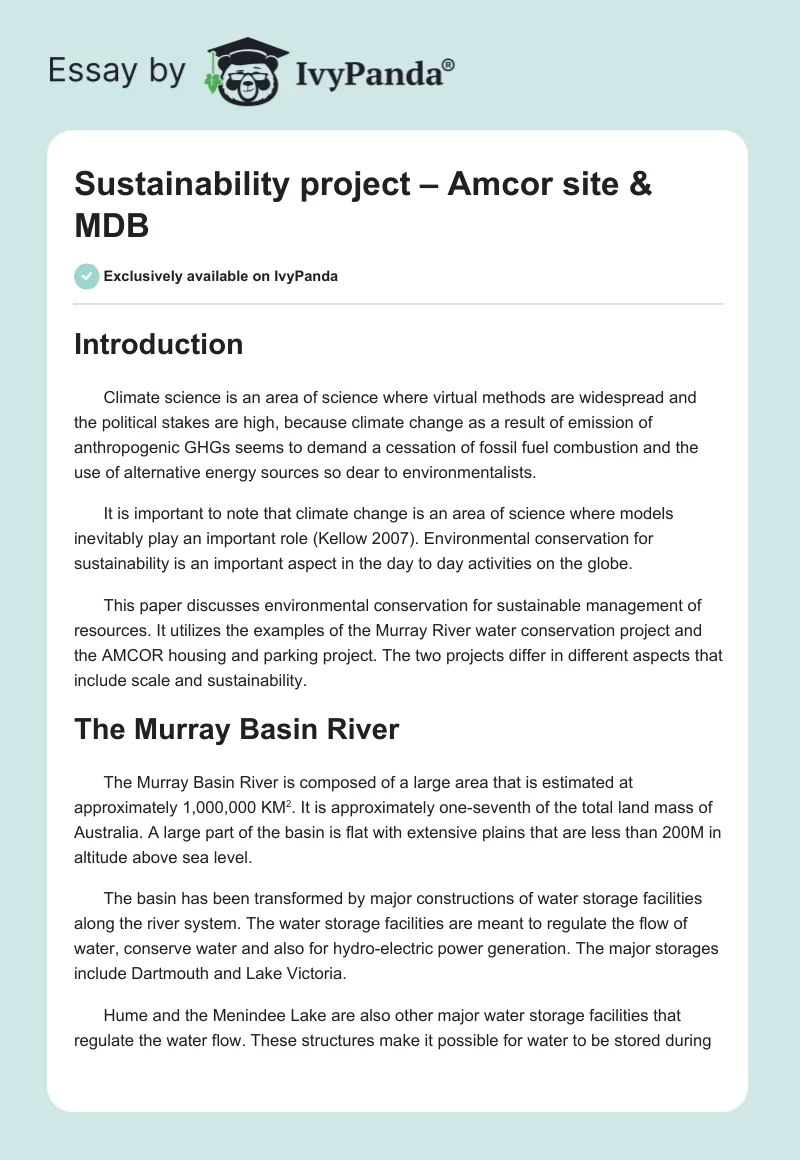 Sustainability project – Amcor site & MDB. Page 1