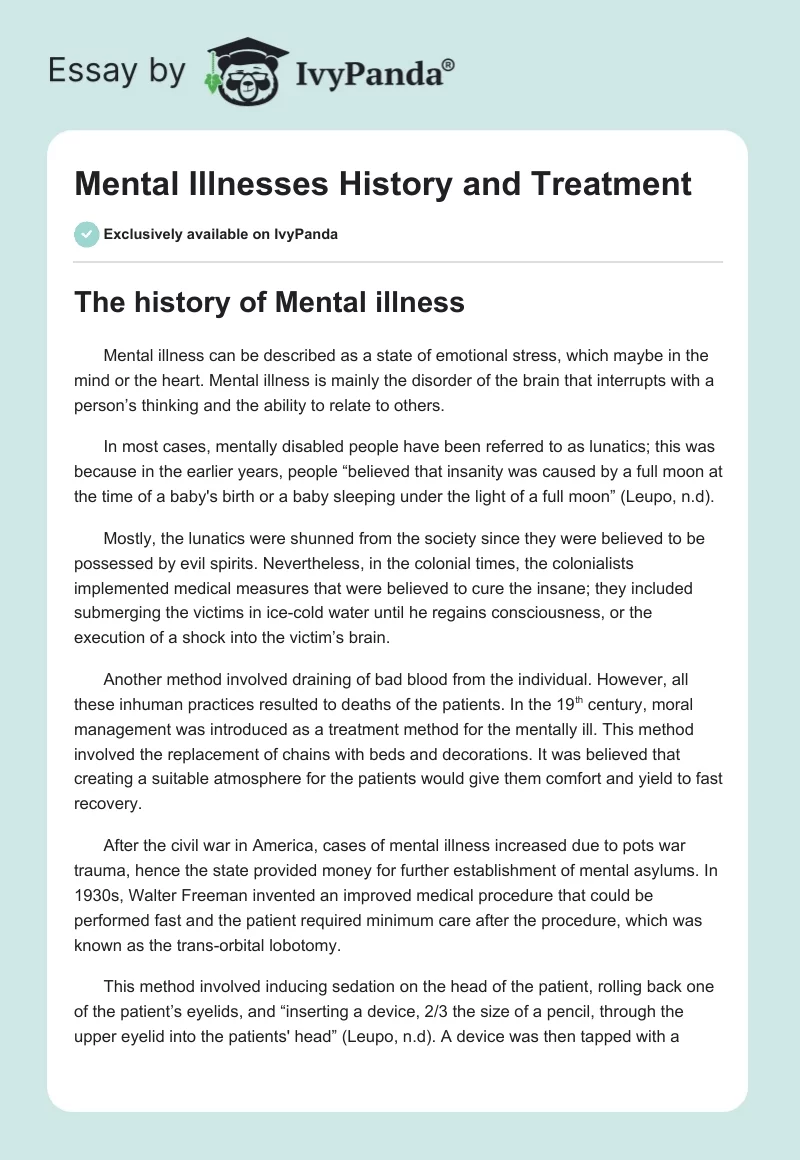 Mental Illnesses History and Treatment. Page 1
