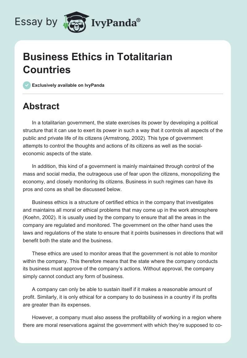 Business Ethics in Totalitarian Countries. Page 1
