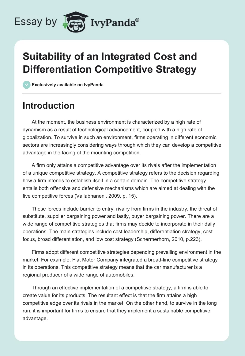 Suitability of an Integrated Cost and Differentiation Competitive Strategy. Page 1